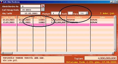 Programdaki çek bordrosu ekranı