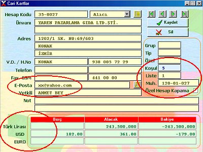 Programdaki cari hesap kartı ekranı