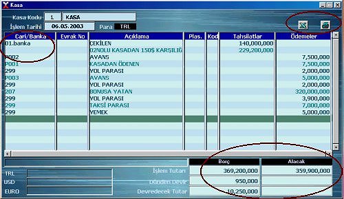 Programdaki kasa işlem ekranı