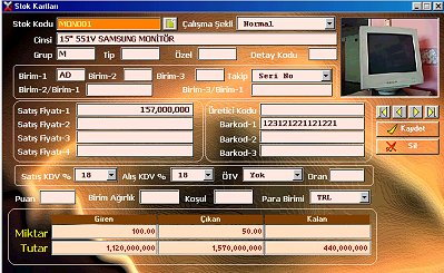 Programdaki stok kartı ekranı